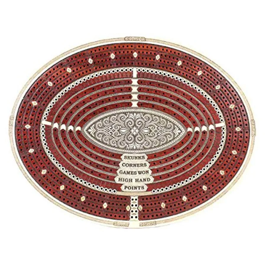 Tablero y caja de cribbage continuo de 4 pistas de forma ovalada en arce sanguíneo con lugar para rincones Skunks Won Games, mano alta y