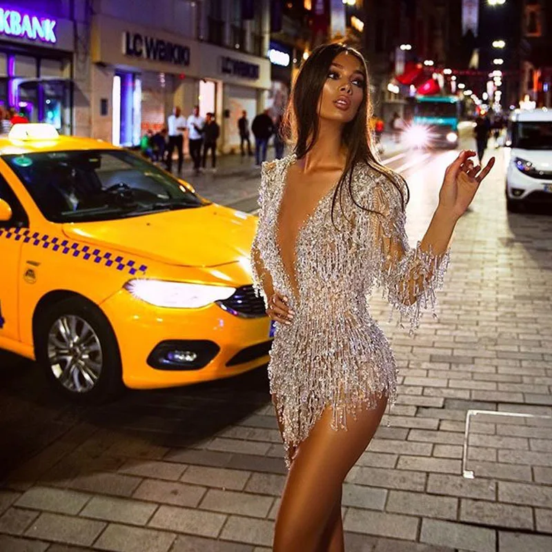 

2025 New Women's Sexy Sequin Fringe Deep V Mini Skirt
