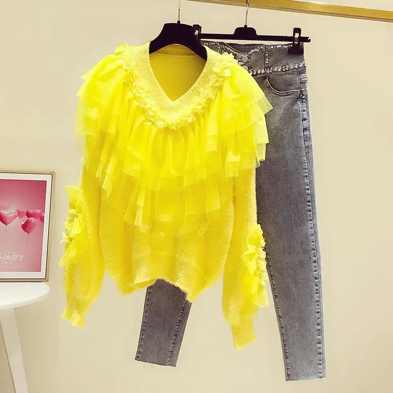 Women Autumn Pullovers Korean Nail bead design Sweater Mesh Ruffle Flap Versatile Knitwear Long Sleeve Top
