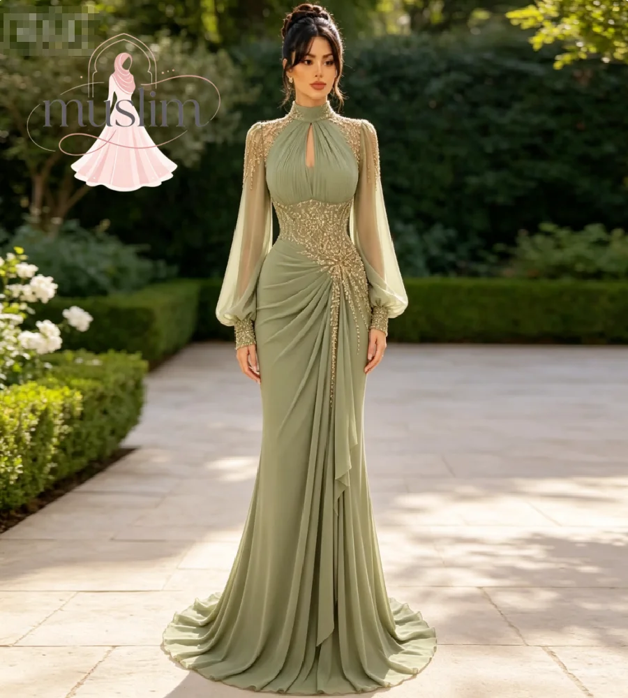 Sagegrünes Meerjungfrauen-Abendkleid mit Schlüssellochausschnitt, Puffärmeln, goldenen Perlenapplikationen, drapiertem Chiffon, Abendkleider im arabischen Stil für Verlobungen.