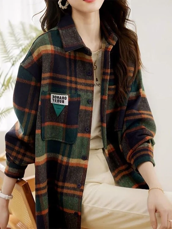 

Thiened Flannel irt Women's Artistic Sle Loose Fit Long Sve Collar Button down Plaid Patterned Outerwear Coat