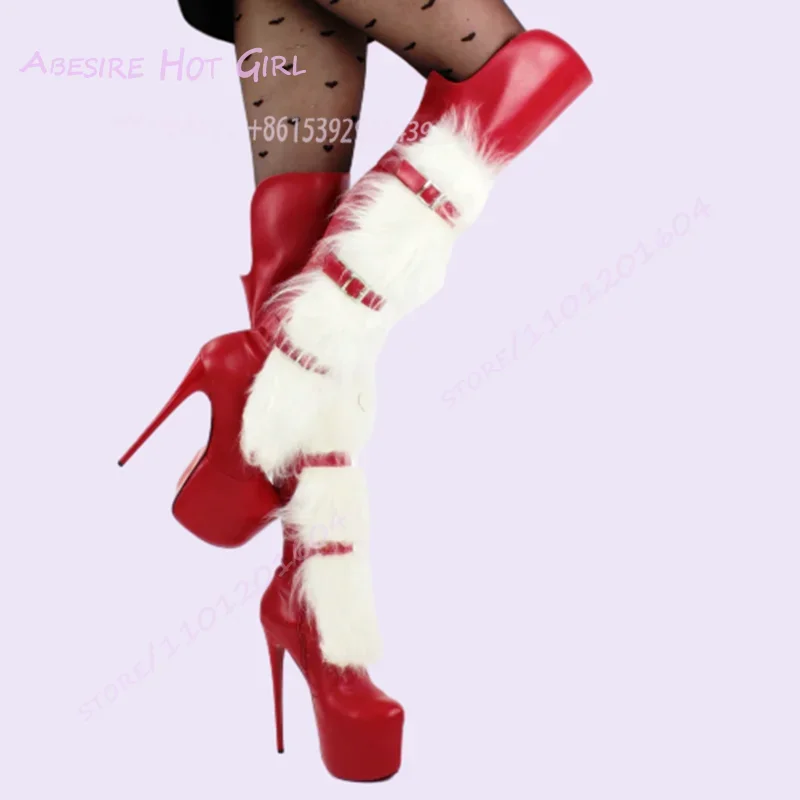 

Red Patent Leather White Long Plush Platform Boots Women Stilettos Belt Buckle Stripes Solid Color Zipper Round Knee Party Shoes