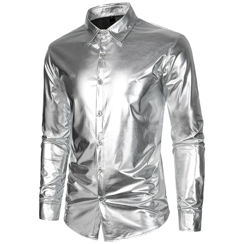 Herren Glänzendes Metallic Langarm-Hemd Einfarbiges Revers-Kragen Knopfleiste Slim Fit Glänzendes Club-Nacht-Party-Bühnen-Performance-Hemd – Detail 6