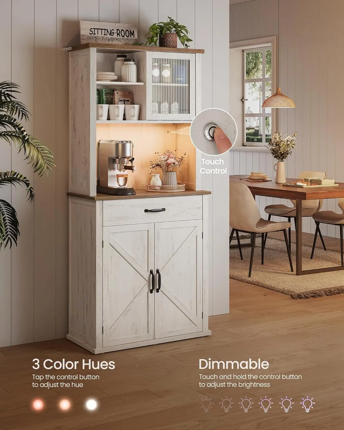 خزانة مخزن المطبخ مقاس 71 بوصة مع أضواء ومحطة شحن، وخزانة بار القهوة مع أبواب ودرج، ونمط المزرعة، قابل للتعديل