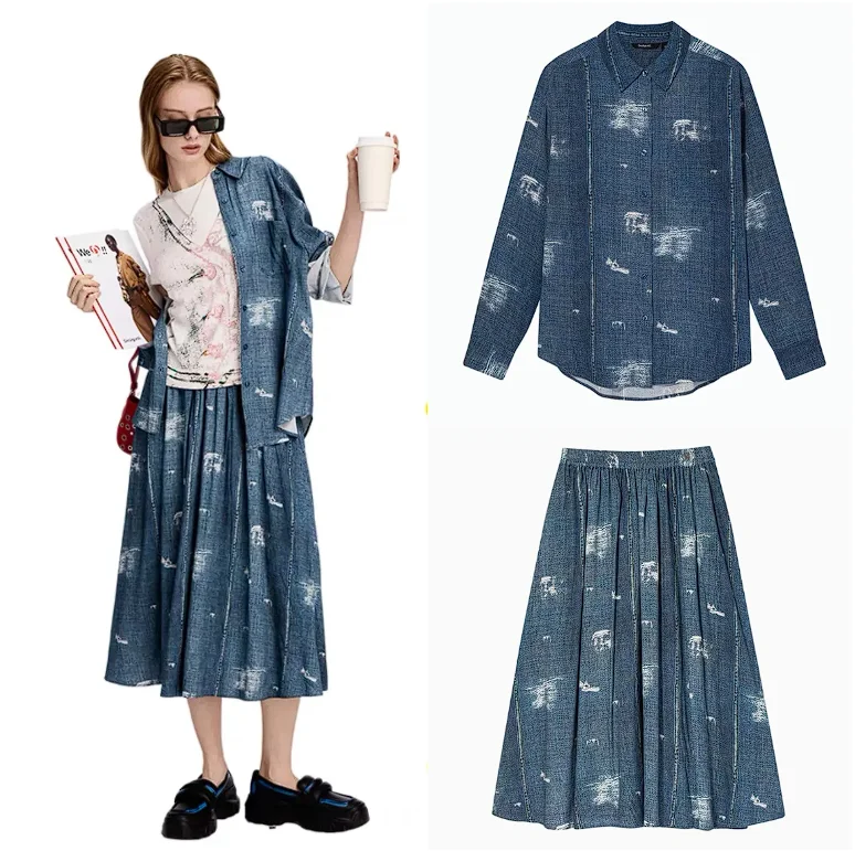 

2025 Summer New Spain Original Single Women's Shirt Imitation Denim Wear out Design Printed Loose Matching Half Body Skirt
