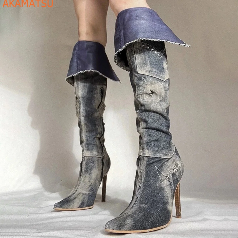 

Pointed Toe Western Cowboy Boots Over the Knee Boots Women's 2023 Winter Newest Niche Retro Fashion Mixed Color Knight Boots