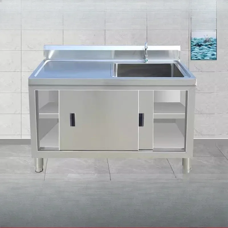 Stainless Steel Cabinet Integrated Kitchen Commercial Sink Sliding Door Console Double Slot Vegetable Basin Thickened