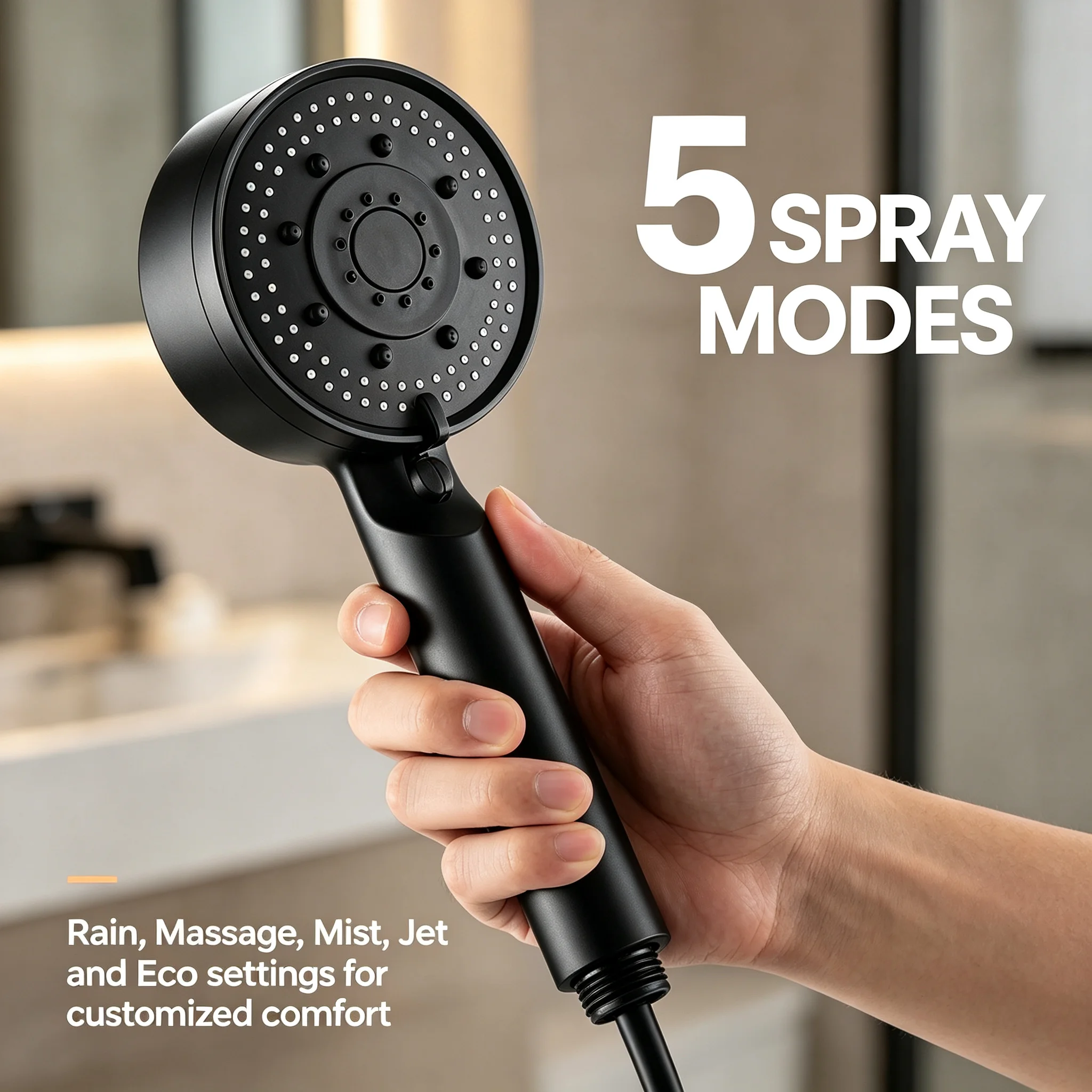 High Pressure Handheld Shower Head 5 Spray Functions Water Saving Anti-Clog Nozzles Lightweight G1/2 Thread for Bathroom