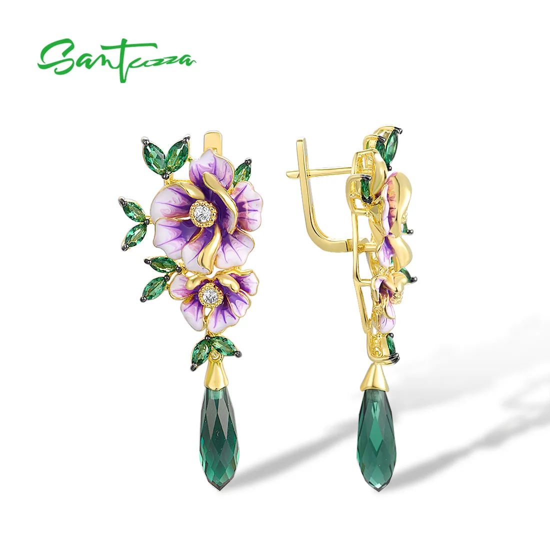 SANTUZZA Pure 925 Sterling Silver Drop Earrings For Women Green Stones White CZ Enamel Flower Delicate Fine Jewelry Handmade