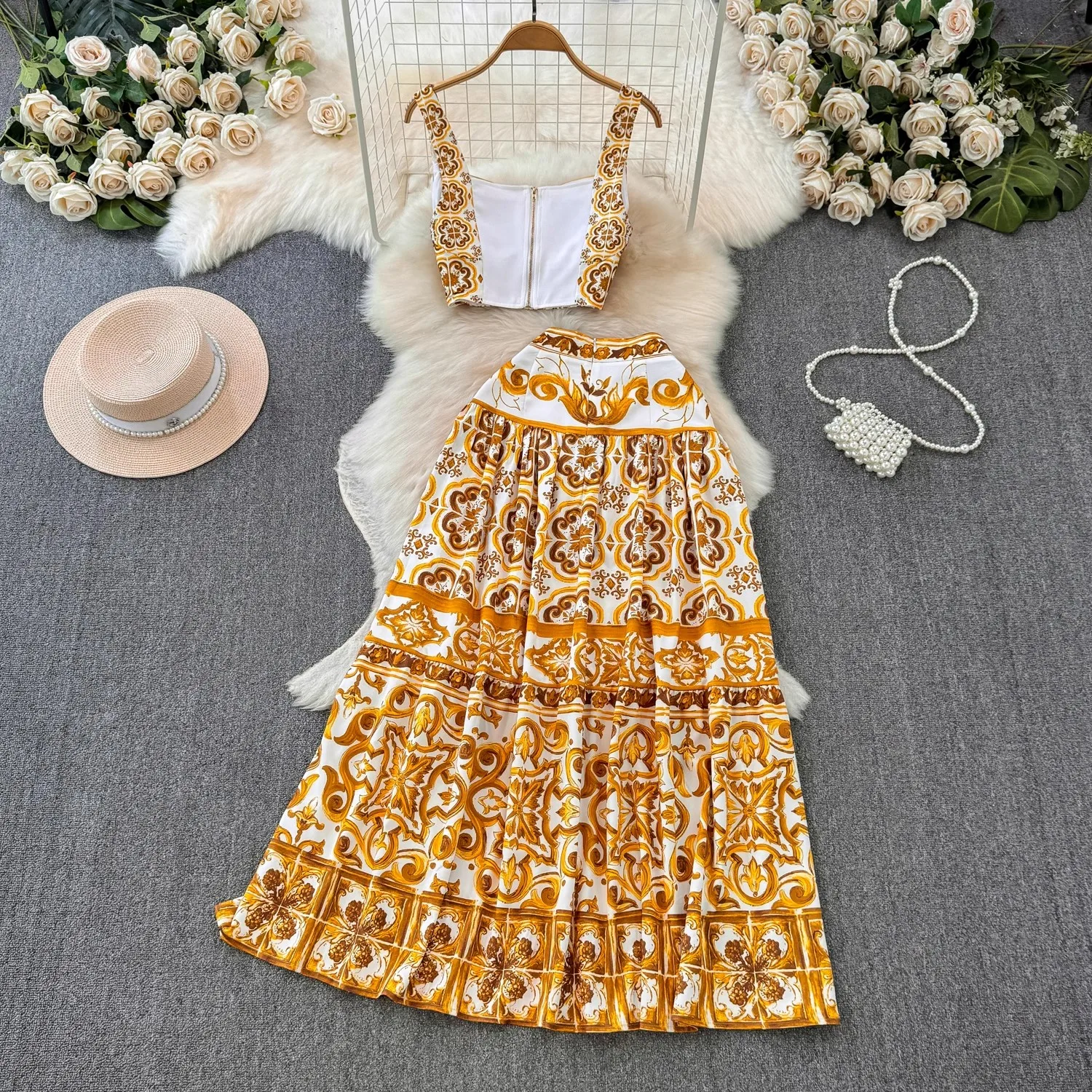 Summer Holiday Yellow Floral Two Piece Women Skirt Sets Sexy Corset Crop Tops And Long Maxi Skirts Suits 2-częściowe stroje z nadrukiem