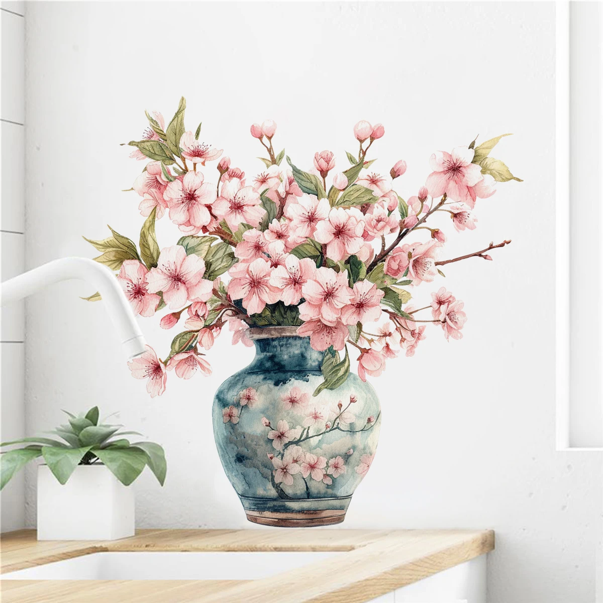 

Cherry Blossom Vase Watercolor Wall Sticker Blue Porcelain Vinyl Floral Art Decal for Living Room Bedroom Study Mural Home Decor