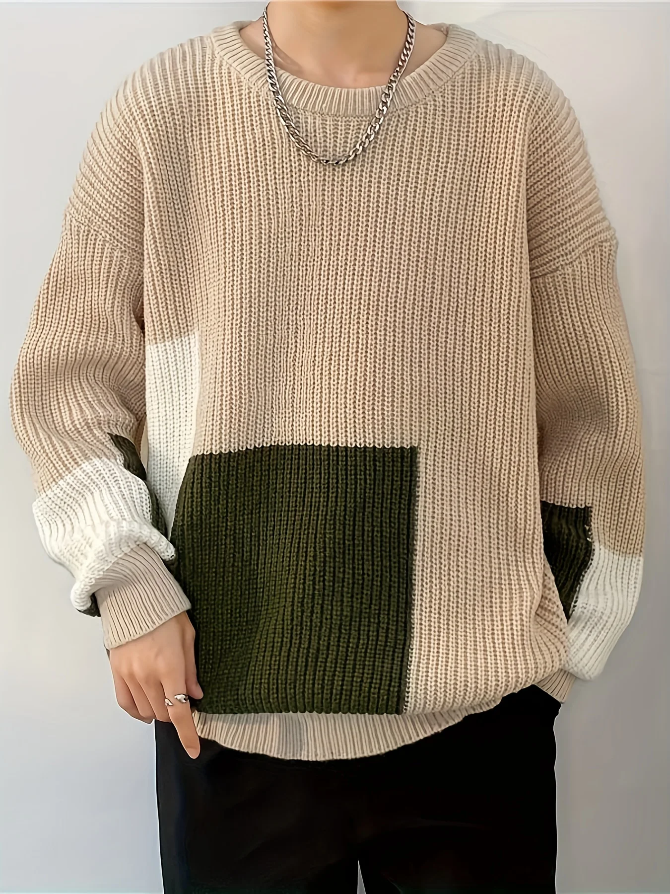 

Осенне-зимний утолщенный свитер в стиле ретро для мужчин, ленивый повседневный универсальный вязаный пуловер с круглым вырезом, стильный базовый слой с цветными блоками