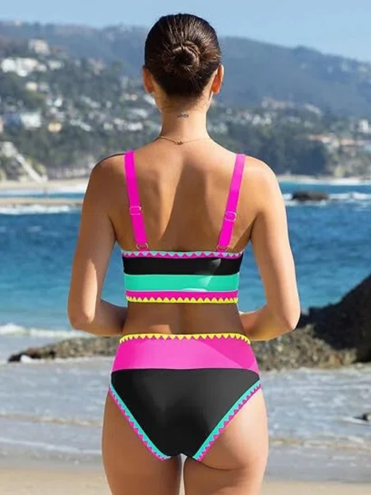 2026 Color Block Backless Bikini 3-Piece Set Women's Sexy Swimsuit with Cover-Up Summer Two Piece High Waist Panties Set Holiday