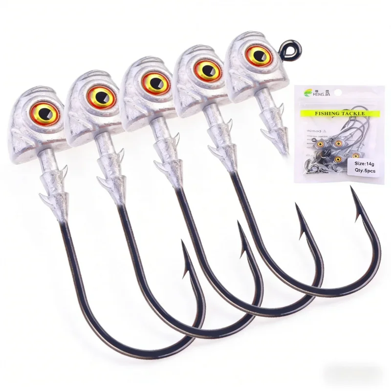3.5G-14G Jigkopf-Set mit 5 großen Haken, Anti-Haken-Bodenmikroköder für Barsch, Mandarin-Fisch, Schwarzfisch und Wildfischen