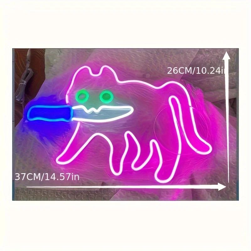 Cat With A Knife LED Neon Sign, For Wall Decoration, Wall Mounted Hanging Lights, Cartoon Cat LED Neon Sign