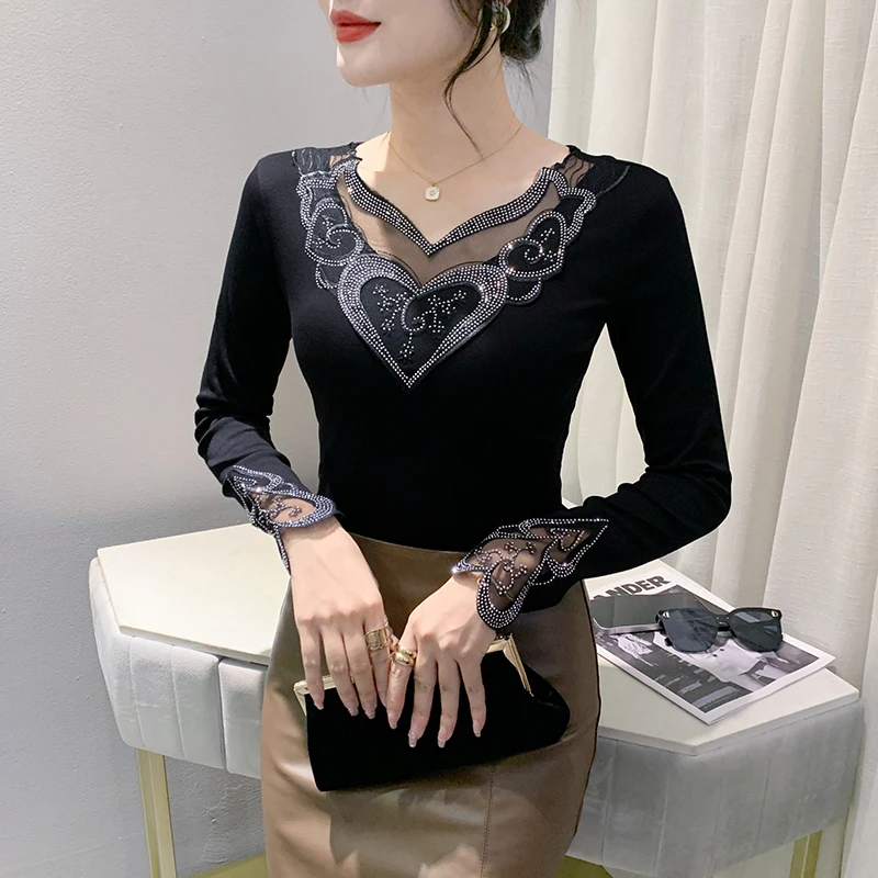 New 2025 Spring Long Sleeved V-Neck Black Mesh Tops Elegant Slim Sexy Hollow Out Hot Drilling Women's T-Shirt M-3XL Tee