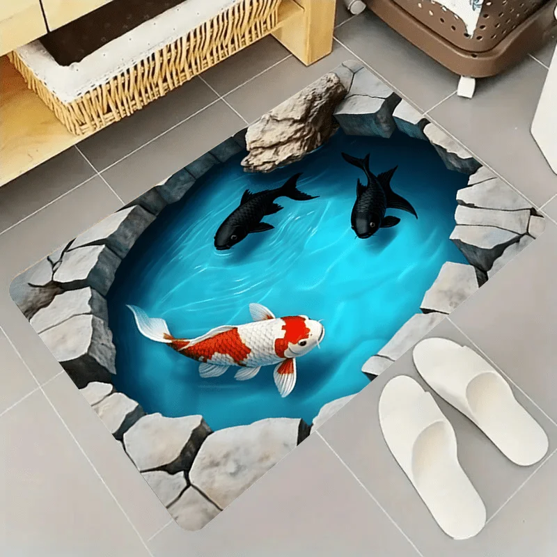 3pcs Koi Pond Bathroom Rug Set Non-Slip U-Shaped Mat and Toilet Lid Cover Green Water Stone Nature Theme Washable Floor Mats