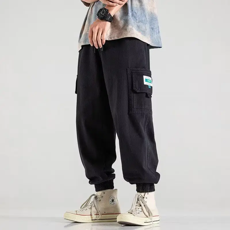 Fashion Pasting Cloth Multiple Pockets Men's Cargo Pants Classic Waist Drawstring Loose Tide All-match Tie One's Feet Trousers