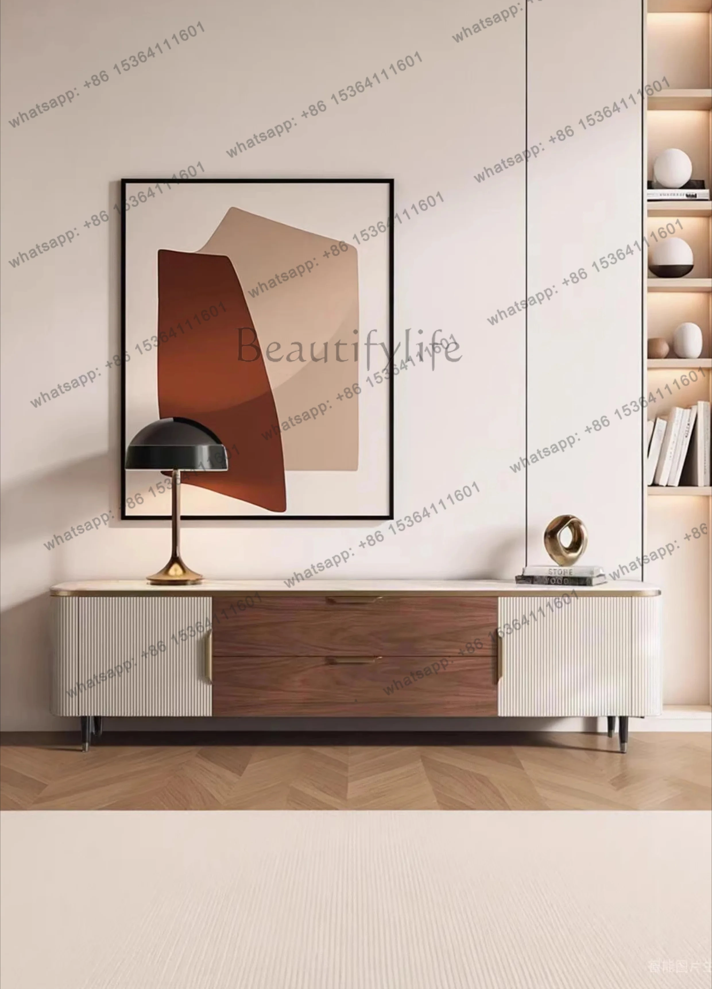 high-end luxury stone TV cabinet coffee table modern home living room solid wood high-foot marble floor cabinet