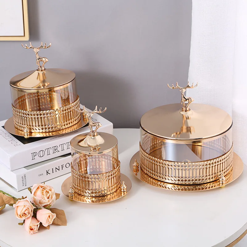 European Gold Glass Storage Jar Metal Openwork Art Fruit Plate Deer Candy Dried Fruit Box Gold Plated Jewelry Jar with Lid New