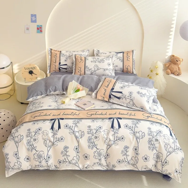 

3pcs Floral Print Washed Cotton Duvet Cover Set Comfy Simple Korean Style Soft Breathable Home Bedroom Bedding Set No Filler