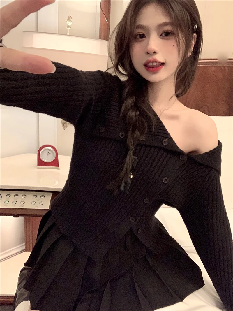 Pure Desire-suéter de punto con cuello grande para mujer, cárdigan abierto con capa Base ajustada Irregular, Top hasta la clavícula, otoño