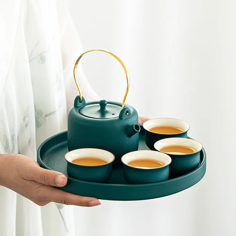 Chinese Kung Fu Tea Set Cups Mug Teapots Coffee Tray Ceramic Table Black Pottery Candle Alcohol Lamp Warm Making Dry Plate Gifi