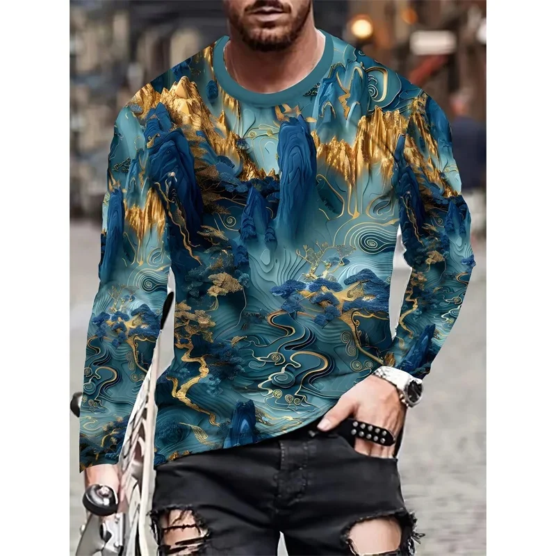 Mountain Water Ship Pattern T-Shirt For Men Chinese Buddha 3D Printed Tees Casual Long Sleeves Unisex T Shirts Loose O-Neck Tops