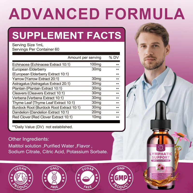 قطرات التصريف اللمفاوي للمناعة، دعم الجهاز اللمفاوي، التنظيف والتخلص من السموم، صحة الكبد مع إشنسا، التوت، البيلردوك، غير المواد المعدلة وراثيًا