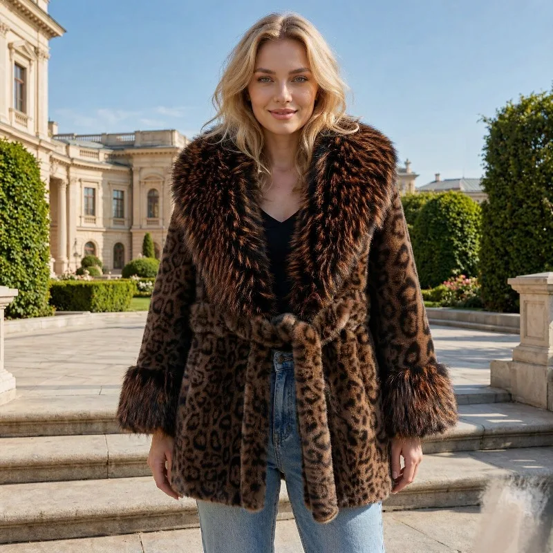 Autumn Winter New Leopard Print Imitation Fur Big Fur Collar Waist Strap Thickened and Thin Medium and Long Coat European Luxury