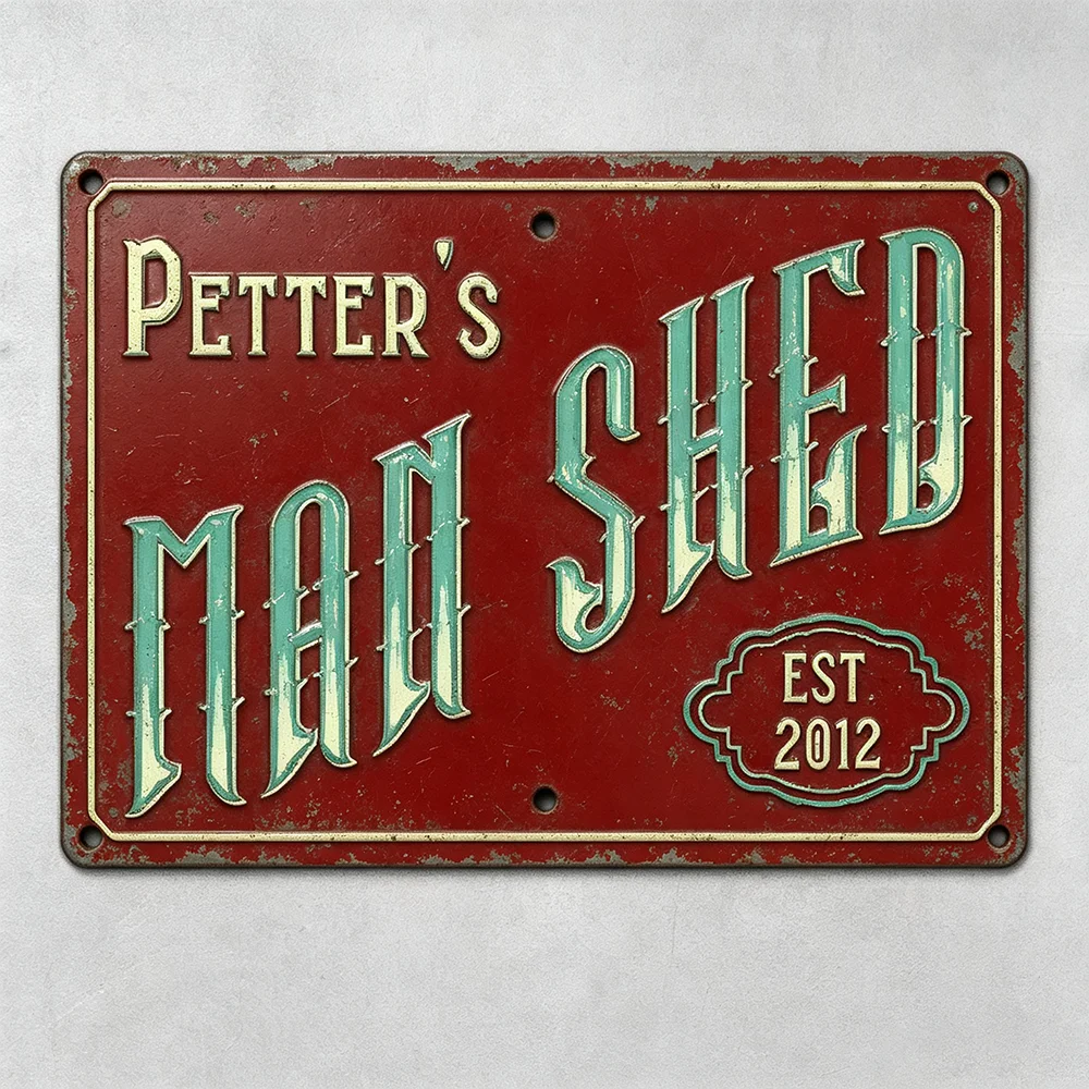 Customizable Red Man Shed Metal Plaque, Personalized Name Vintage Distressed Wall Sign for Garage Workshop Decor (Decor Only)