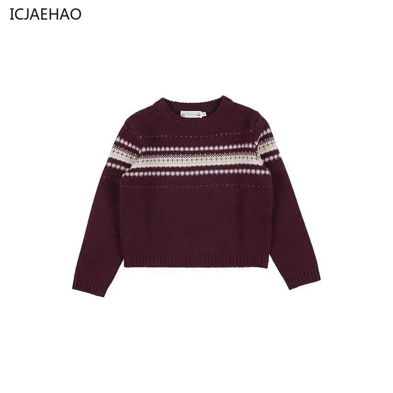 ICJAEHAO 2025 Children's Crewneck Wine Red Pullover Sweater Girls Christmas Knitwear Clothes Kids Wool Sweater Matching Autumn