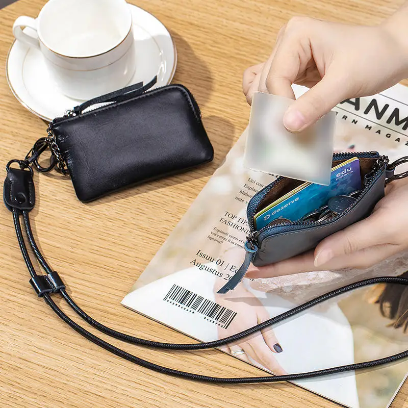 

Design Neck Hanging Coin Purses Top Layer Cowhide Portable Storage Bag With Keychain Soft Leather Mini Coins Holders