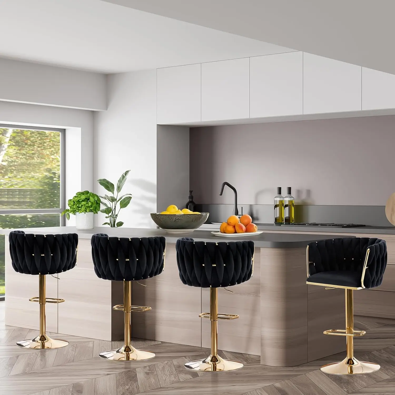 

Набор золотых барных стульев из 4 шт., бархатные регулируемые барные стулья с тканой низкой спинкой, современные вращающиеся стулья с мягкой обивкой для