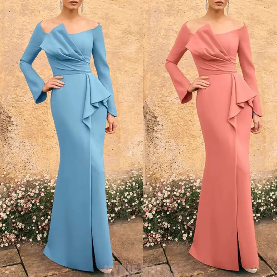 Mother of The Bride Dresses Customized Color Scoop Neck Full Sleeves Slit Mermaid for Formal Wedding Guest Dresses Evening Gown