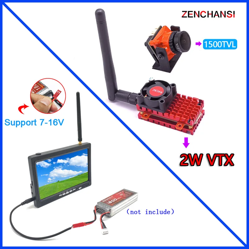 Over 20Km Range 5.8G 2W FPV Transmitter and CMOS 1500TVL fpv mini camera with 5.8g 48CH 7 inch TN HD Fpv Monitor for FPV Drone