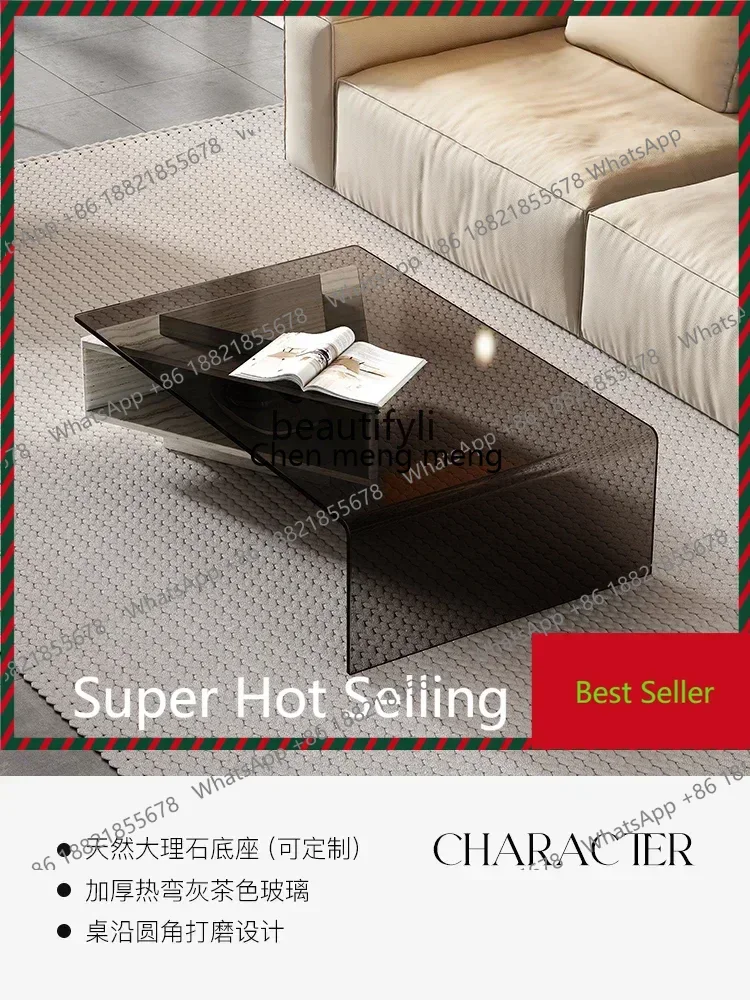 Marble coffee table Italian style, small apartment living room glass creative rectangular telescopic