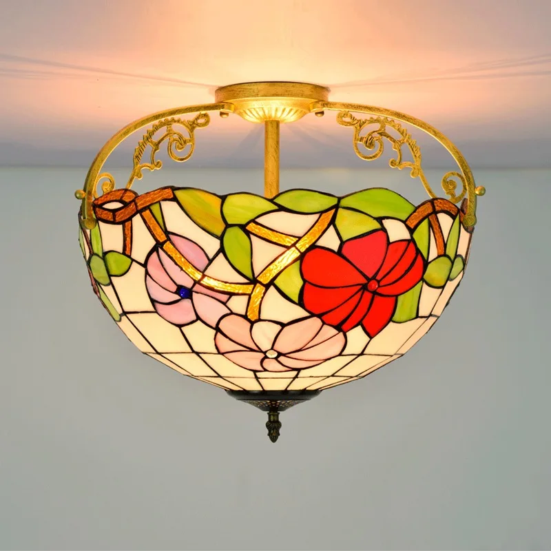 

European Luxury Creative Retro Morning Glory Decorative Stained Glass Tiffany Ceiling Lamp