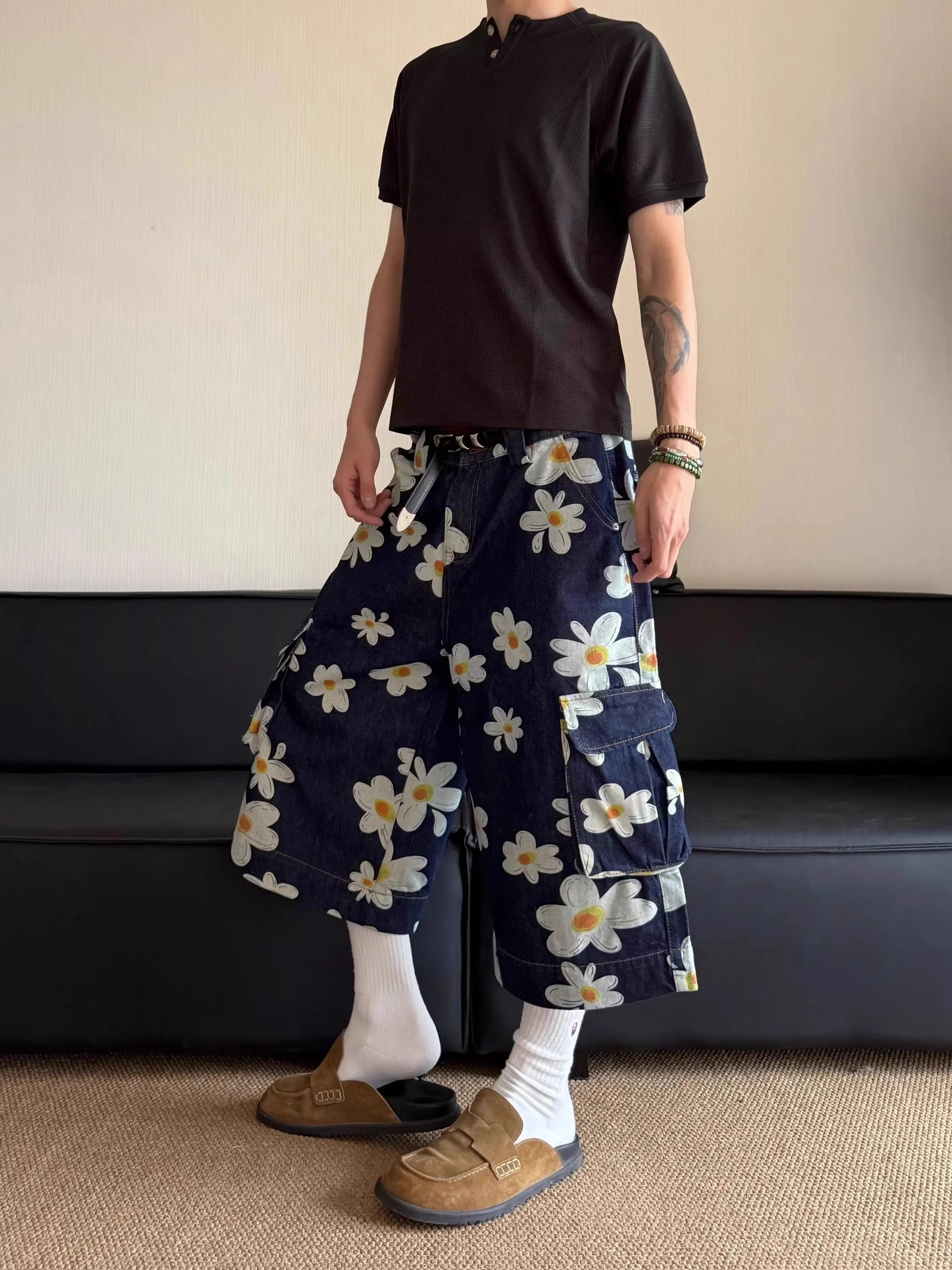 

American Design Sle Daisy Street Jeans orts Loose Wide Leg Seven-Foot Pants Summer Faion for Couples ex