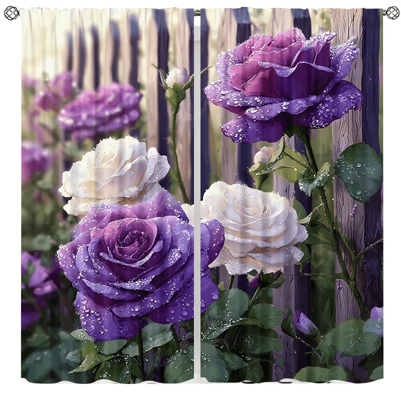 Purple and white rose printed curtains, installed using pocket rods, suitable for bedrooms, living rooms, balconies, decoratio