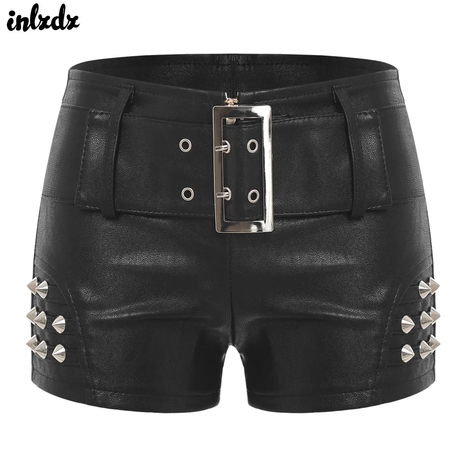 المرأة سليم صالح قيعان قصيرة بولي Leather الجلود السراويل الساخنة السراويل الساخنة المسامير وحزام أو لا السراويل نادي موسيقى الروك مهرجان زي