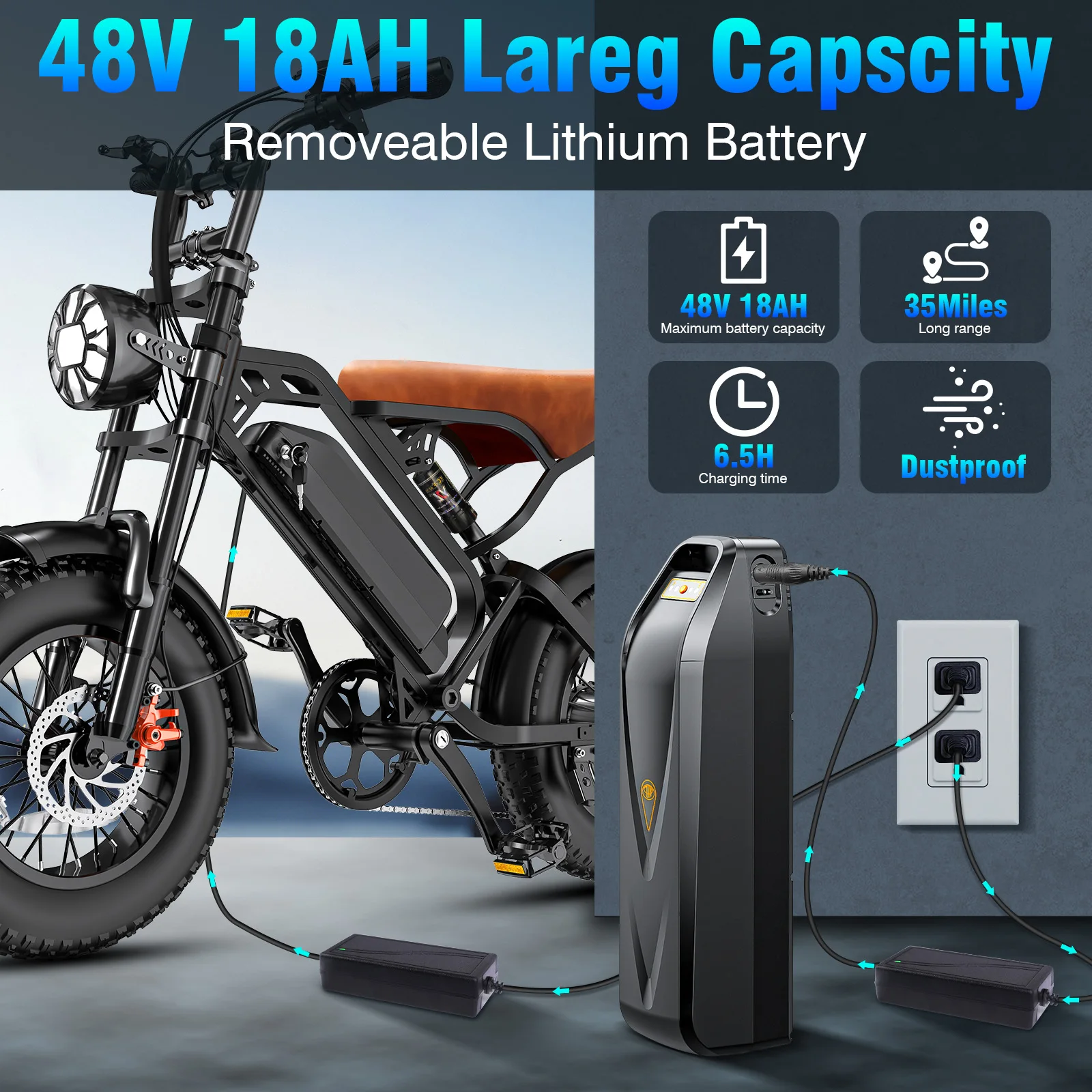 1000W Peak Motor Electric Bicycle 48V15AH Detachable Battery Electric Bike Dual Disc Brakes 28MPH 16*4 Inch Fat Tire Snow Ebike