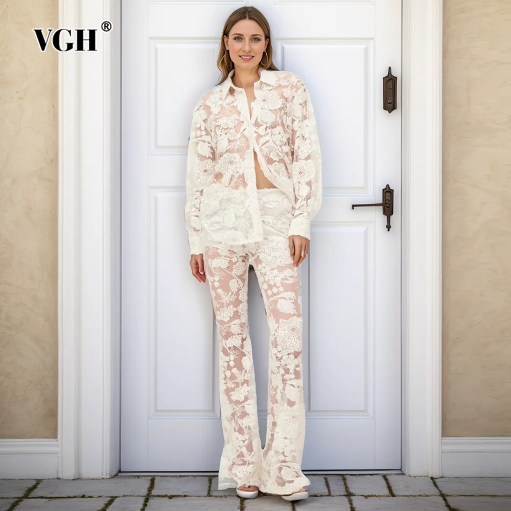 

VGH Solid EmbroideryTwo Piece Set For Women Lapel Long Sleeve Shirts High Waist Flare Pants Hollow Out Slimming Set Female New