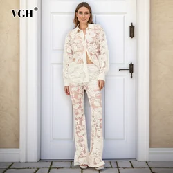 VGH Solid EmbroideryTwo Piece Set For Women Lapel Long Sleeve Shirts High Waist Flare Pants Hollow Out Slimming Set Female New