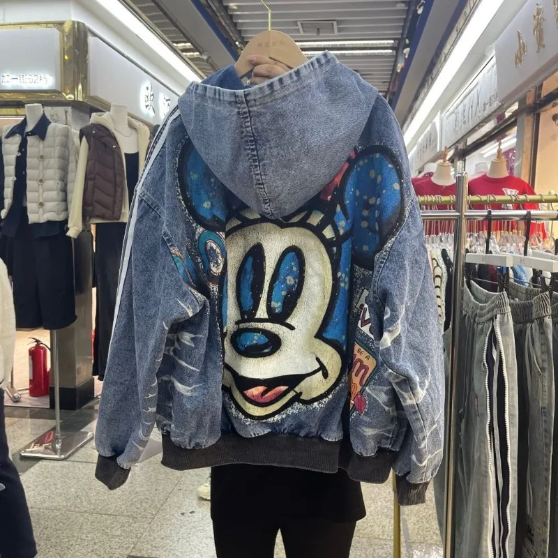 

golf Mickey Cartoon Patchwork Color Block Denim Hooded Jacket Women Loose BF Lazy Style Casual Trendy Outerwear electric scooter