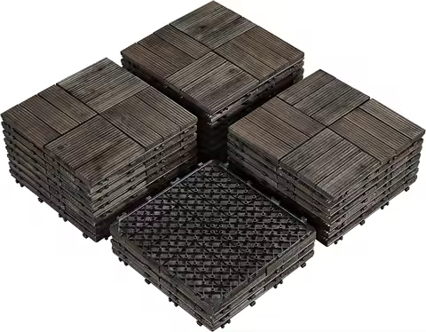 Wood Interlocking Flooring Tiles, Indoor Outdoor Wooden Deck Tiles Interlocking Patio Garden Deck Poolside Balcony