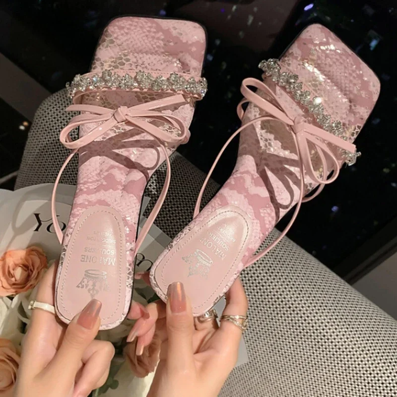 High-Heeled Slippers Women's Outer Wear 2024 Summer New Rhinestone Bow Fashionable And Comfortable Cool Slippers