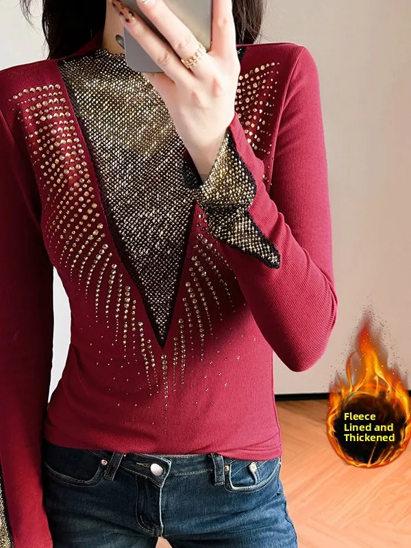 Thickened Long Sleeve Diamond Embedded Slim Fit High Collar Women's T-shirt Commute Style Korean Version Winter Season