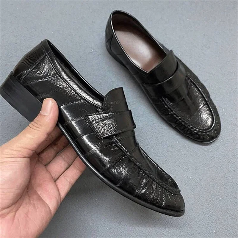 New French Retro Flat Heel Eel Leather Pure Hand Sewn Genuine Leather Sole Women's Lefu Shoes One Step Comfort Casual Single Sho