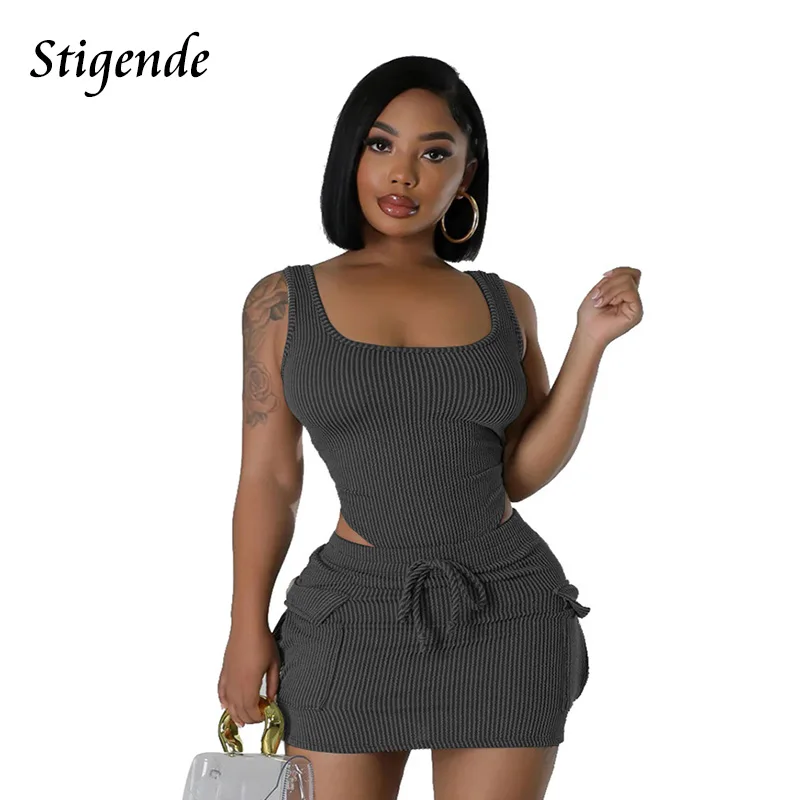 Stigende Women Sleeveless Bodysuit Top and Mini Skirt Drawstring Pocket Ribbed Two Piece Set